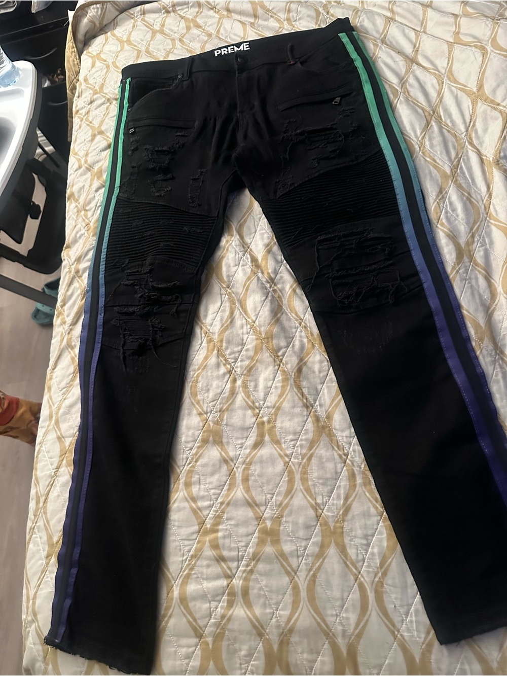 PREME Black Skinny Jeans with Green and Blue Side Stripes